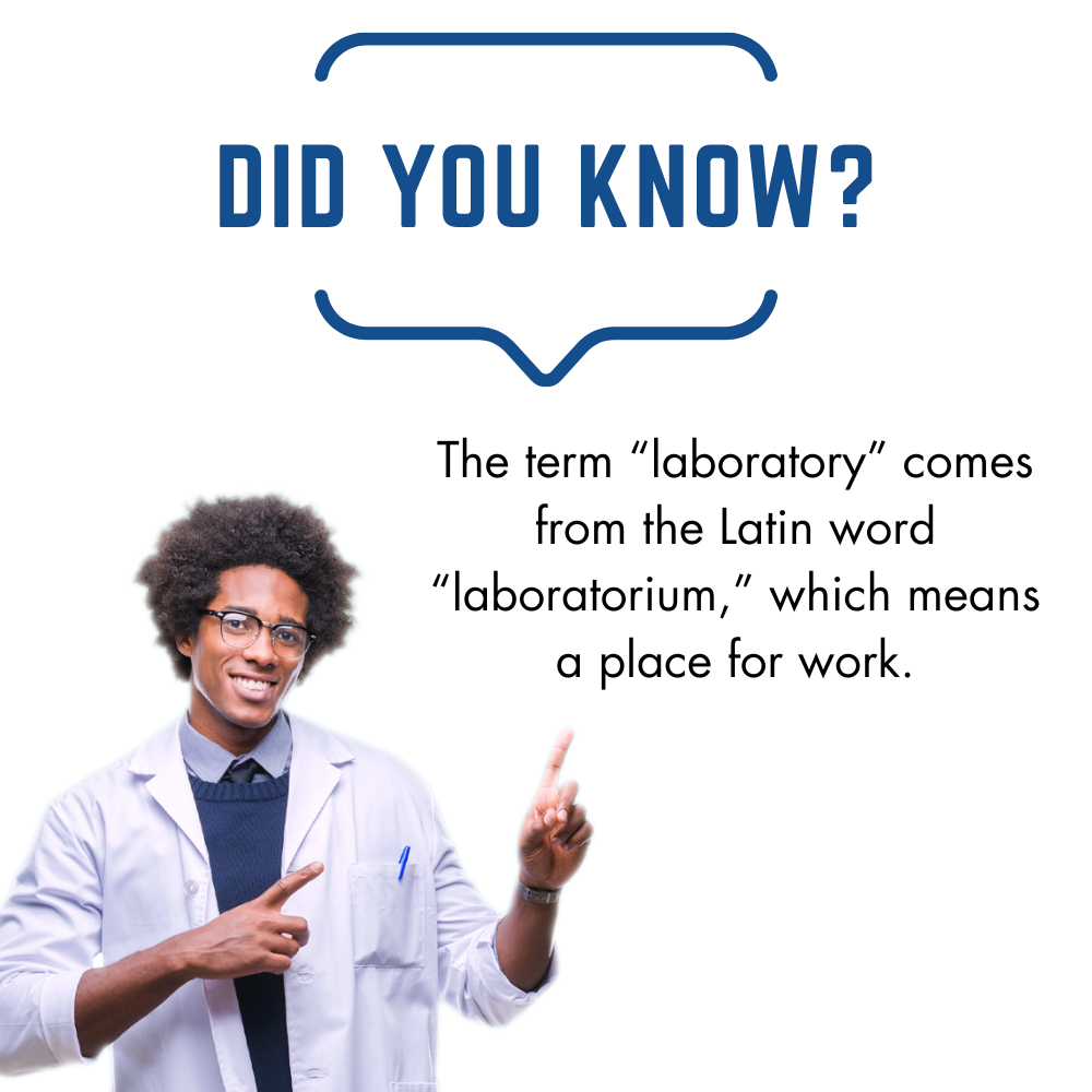 Lab manager pointing to a fun fact stating that 'laboratory' comes from the Latin 'laboratorium,' meaning 'place of work