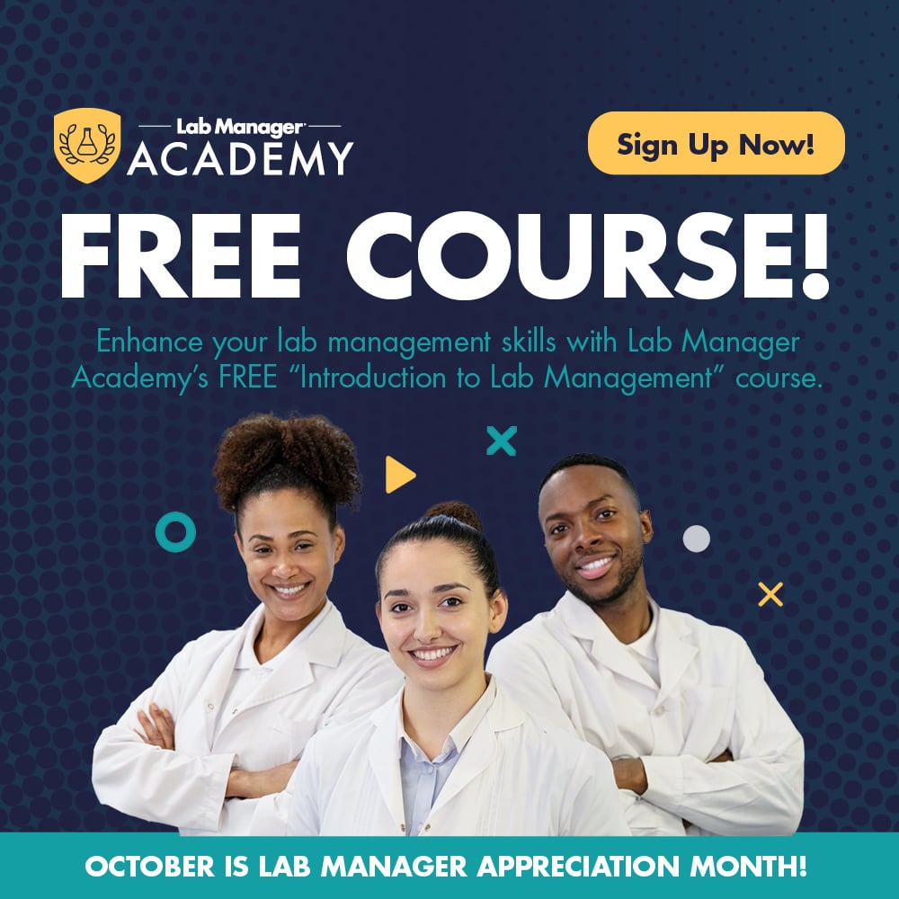 Banner for Lab Manager Academy's free course featuring three lab managers, promoting skills enhancement in lab management