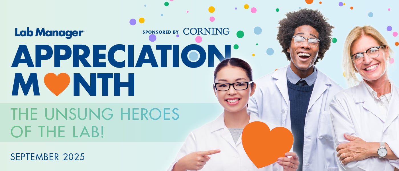Three lab professionals celebrating Lab Manager Appreciation Month 2025, sponsored by Corning. Tagline reads: 'The Unsung Heroes of the Lab.'
